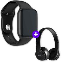 Kit Smartwatch w8 Preto Relógio Inteligente 44mm Serie 4 + Fone de Ouvido Sem Fio Bluetooth Dobrável P47 Preto