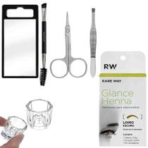 Kit sobrancelha henna glance profissional e kit macrilan ks200 com espelho, pincel duplo, pinça e te