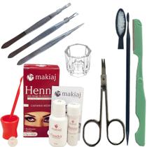 Kit Sobrancelha Makiaj Henna com Fixador Rena + Navalha E Tesoura + 3 pinças + Palito + dappen