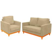 Kit Sofá 02 Lugares e Poltrona Berlin Base Madeira Linho