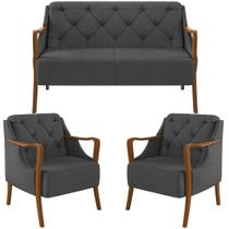 Kit Sofá 02 Lugares Sala Estar 135cm Com 02 Poltronas Coral Pés Madeira M03 Linho Chumbo - Lyam Decor Kit Sofá 02 Lugares Sala Estar 135cm Com 02 Poltronas Coral Pés Madeira M03 Linho Chumbo - Lyam Decor