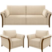 Kit Sofá 02 Lugares Sala Estar 162cm Com 02 Poltronas Stefan Pés Madeira M03 Linho Bege - Lyam Decor Kit Sofá 02 Lugares Sala Estar 162cm Com 02 Poltronas Stefan Pés Madeira M03 Linho Bege - Lyam Decor