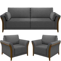 Kit Sofá 02 Lugares Sala Estar 162cm Com 02 Poltronas Stefan Pés Madeira M03 Linho Chumbo - Lyam Decor