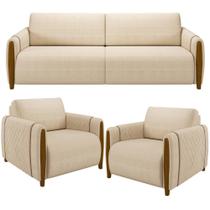 Kit Sofá 02 Lugares Sala Estar 168cm Com 02 Poltronas Flora Pés Madeira M03 Linho Bege - Lyam Decor