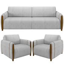 Kit Sofá 02 Lugares Sala Estar 168cm Com 02 Poltronas Flora Pés Madeira M03 Veludo Cinza - Lyam Decor