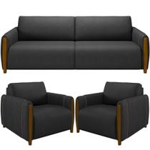 Kit Sofá 03 Lugares 223Cm Com 02 Poltronas Flora M03 Preto