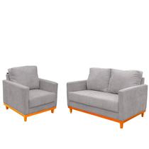 Kit Sofá 03 Lugares e Poltrona Berlin Base Madeira Linho