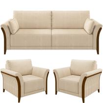 Kit Sofá 03 Lugares Sala Estar 222cm Com 02 Poltronas Stefan Pés Madeira M03 Linho Bege - Lyam Decor