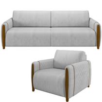 Kit Sofá 03 Lugares Sala Estar 223cm Com Poltrona Flora Pés De Madeira M03 Veludo Cinza - Lyam Decor Kit Sofá 03 Lugares Sala Estar 223cm Com Poltrona Flora Pés De Madeira M03 Veludo Cinza - Lyam Decor