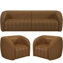 Kit Sofá 04 Lugares Para Sala 252 cm com 02 Poltronas Lazio M03 material sintético Whisky - Lyam Decor Kit Sofá 04 Lugares Para Sala 252 cm com 02 Poltronas Lazio M03 material sintético Whisky - Lyam Decor