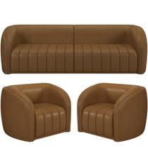 Kit Sofá 05 Lugares Para Sala 332 cm com 02 Poltronas Lazio M03 tecido sintético Whisky - Lyam Decor