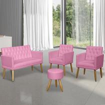 Kit Sofá 1 Namoradeira 2 Poltronas com Puff Capitone clinica 4 lugares resistente para Recepção sala pequena