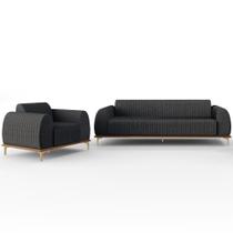 Kit Sofá 2 Lugares 150cm Com Poltrona Molino Pés D'ouro D02 Linho Cinza Escuro C-416 - Lyam Decor Kit Sofá 2 Lugares 150cm Com Poltrona Molino Pés D'ouro D02 Linho Cinza Escuro C-416 - Lyam Decor