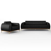 Kit Sofá 2 Lugares 150cm Com Poltrona Molino Pés D'ouro D02 material sintético Preto B-159 - Lyam Decor Kit Sofá 2 Lugares 150cm Com Poltrona Molino Pés D'ouro D02 material sintético Preto B-159 - Lyam Decor
