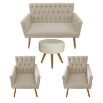 Kit Sofá 2 Lugares Decorativo Para Sala de Estar Pés Madeira Retro Nina Captonê+ 02 Poltronas Nina Captone + Puff Banqueta classic Redondo bege Kit Sofá 2 Lugares Decorativo Para Sala de Estar Pés Madeira Retro Nina Captonê+ 02 Poltronas Nina Captone + Puff Banqueta classic Redondo bege