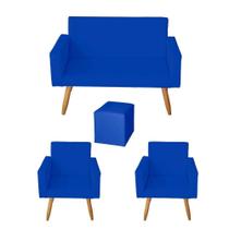 Kit Sofá 2 Lugares e 2 Poltrona para Sala Lina e 1 Puff Quadrado material sintético Azul Marinho - Móveis Mafer