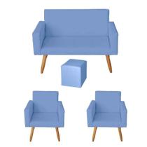 Kit Sofá 2 Lugares e 2 Poltrona para Sala Lina e 1 Puff Quadrado material sintético Azul - Móveis Mafer