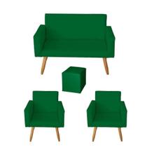 Kit Sofá 2 Lugares e 2 Poltrona para Sala Lina e 1 Puff Quadrado material sintético Verde - Móveis Mafer