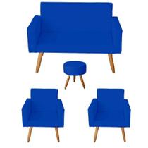 Kit Sofá 2 Lugares e 2 Poltrona Para Sala Lina e 1 Puff Redondo material sintético Azul - Móveis Mafer
