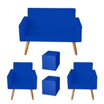 Kit Sofá 2 Lugares e 2 Poltrona para Sala Lina e 2 Puff Quadrado material sintético Azul Marinho - Móveis Mafer