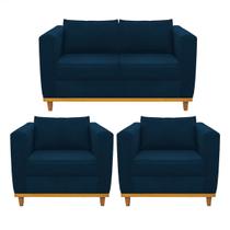 Kit Sofá 2 Lugares e 2 Poltronas Europa Suede Azul Marinho Amarena Móveis Kit Sofá 2 Lugares e 2 Poltronas Europa Suede Azul Marinho Amarena Móveis