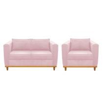 Kit Sofá 2 Lugares e Poltrona Europa Suede Rosa Bebê Amarena Móveis