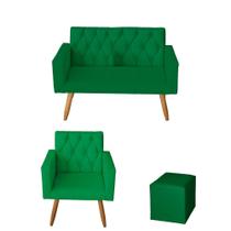 Kit Sofá 2 Lugares e Poltrona para Sala Bianca Capitonê e Puff Quadrado material sintético Verde - Móveis Mafer