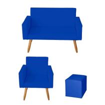 Kit Sofá 2 Lugares e Poltrona para Sala Lina e 1 Puff Quadrado material sintético Azul Marinho - Móveis Mafer