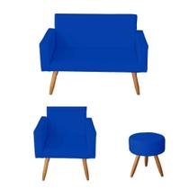 Kit Sofá 2 Lugares e Poltrona Para Sala Lina e 1 Puff Redondo material sintético Azul - Móveis Mafer