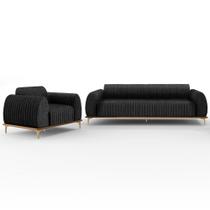 Kit Sofá 2 Lugares Sala Estar 150cm E Poltrona Molino Pés D'ouro D02 Linho Chumbo D-465 - Lyam Decor Kit Sofá 2 Lugares Sala Estar 150cm E Poltrona Molino Pés D'ouro D02 Linho Chumbo D-465 - Lyam Decor