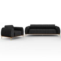 Kit Sofá 2 Lugares Sala Estar 150cm E Poltrona Molino Pés D'ouro D02 Linho Chumbo D-465 - Lyam Decor Kit Sofá 2 Lugares Sala Estar 150cm E Poltrona Molino Pés D'ouro D02 Linho Chumbo D-465 - Lyam Decor