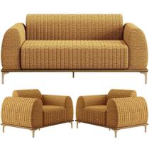 Kit Sofá 3 Lugares 180cm Com 02 Poltronas Molino Base Castanho Pés D'ouro D02 Bouclê Mostarda Pb-03 - Lyam Decor