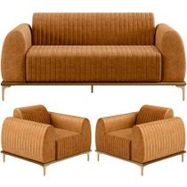 Kit Sofá 3 Lugares 180cm com 02 Poltronas Molino Base Castanho Pés D'ouro D02 material sintético Whisky B-90 - Lyam Decor