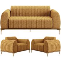 Kit Sofá 3 Lugares 180cm com 02 Poltronas Molino Base Castanho Pés D'ouro D02 Prime Bouclê Mostarda PB-03 - Lyam Decor