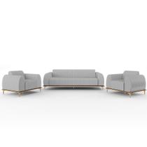 Kit Sofá 3 Lugares 180cm Com 2 Poltronas Molino Pés D'ouro D02 Linho Cinza D-315 - Lyam Decor Kit Sofá 3 Lugares 180cm Com 2 Poltronas Molino Pés D'ouro D02 Linho Cinza D-315 - Lyam Decor