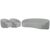 Kit Sofá 3 Lugares 200cm e 2 Poltronas Orgânica Luxo Recepção Amore Bouclé Cinza