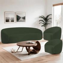 Kit Sofá 3 Lugares 200cm e 2 Poltronas Orgânico Luxo Recepção Sala de Estar e TV Amore Linho Verde- MABE MAGAZINE