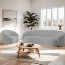 Kit Sofá 3 Lugares 200cm e Poltrona Orgânico Luxo Recepção Sala de Estar e TV Amore Linho Cinza Claro- MABE MAGAZINE
