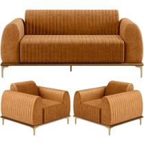 Kit Sofá 3 Lugares 210cm Com 02 Poltronas Molino Base Castanho Pés D'ouro D02 material sintético Whisky B-90 - Lyam Decor Kit Sofá 3 Lugares 210cm Com 02 Poltronas Molino Base Castanho Pés D'ouro D02 material sintético Whisky B-90 - Lyam Decor