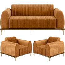Kit Sofá 3 Lugares 210cm com 02 Poltronas Molino Base Castanho Pés D'ouro D02 material sintético Whisky B-90 - Lyam Decor Kit Sofá 3 Lugares 210cm com 02 Poltronas Molino Base Castanho Pés D'ouro D02 material sintético Whisky B-90 - Lyam Decor