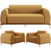 Kit Sofá 3 Lugares 210cm com 02 Poltronas Molino Base Castanho Pés D'ouro D02 Prime Bouclê Mostarda PB-03 - Lyam Decor Kit Sofá 3 Lugares 210cm com 02 Poltronas Molino Base Castanho Pés D'ouro D02 Prime Bouclê Mostarda PB-03 - Lyam Decor