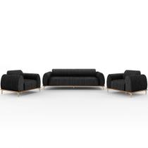 Kit Sofá 3 Lugares 210cm Com 2 Poltronas Molino Pés D'ouro D02 Linho Chumbo D-465 - Lyam Decor Kit Sofá 3 Lugares 210cm Com 2 Poltronas Molino Pés D'ouro D02 Linho Chumbo D-465 - Lyam Decor