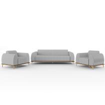 Kit Sofá 3 Lugares 210cm Com 2 Poltronas Molino Pés D'ouro D02 Linho Cinza D-315 - Lyam Decor Kit Sofá 3 Lugares 210cm Com 2 Poltronas Molino Pés D'ouro D02 Linho Cinza D-315 - Lyam Decor