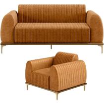Kit Sofá 3 Lugares 210cm Com Poltrona Molino Base Castanho Pés D'ouro D02 material sintético Whisky B-90 - Lyam Decor