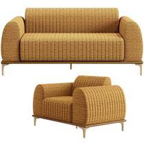 Kit Sofá 3 Lugares 210cm com Poltrona Molino Base Castanho Pés D'ouro D02 Prime Bouclê Mostarda PB-03 - Lyam Decor Kit Sofá 3 Lugares 210cm com Poltrona Molino Base Castanho Pés D'ouro D02 Prime Bouclê Mostarda PB-03 - Lyam Decor