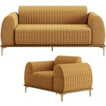 Kit Sofá 3 Lugares 210cm com Poltrona Molino Base Castanho Pés D'ouro D02 Prime Bouclê Mostarda PB-03 - Lyam Decor Kit Sofá 3 Lugares 210cm com Poltrona Molino Base Castanho Pés D'ouro D02 Prime Bouclê Mostarda PB-03 - Lyam Decor
