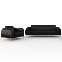 Kit Sofá 3 Lugares 210cm Com Poltrona Molino Pés D'ouro D02 material sintético Preto B-159 - Lyam Decor Kit Sofá 3 Lugares 210cm Com Poltrona Molino Pés D'ouro D02 material sintético Preto B-159 - Lyam Decor