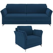 Kit Sofá 3 Lugares 223cm com 01 Poltrona Álamo M03 Veludo Azul Marinho - Lyam Decor