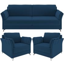 Kit Sofá 3 Lugares 223cm com 02 Poltrona Álamo M03 Veludo Azul Marinho - Lyam Decor