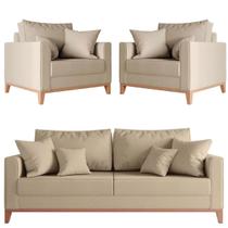 Kit Sofá 3 Lugares e 2 Poltronas Beny Base em Madeira Maciça Linho Bege Kimi Design